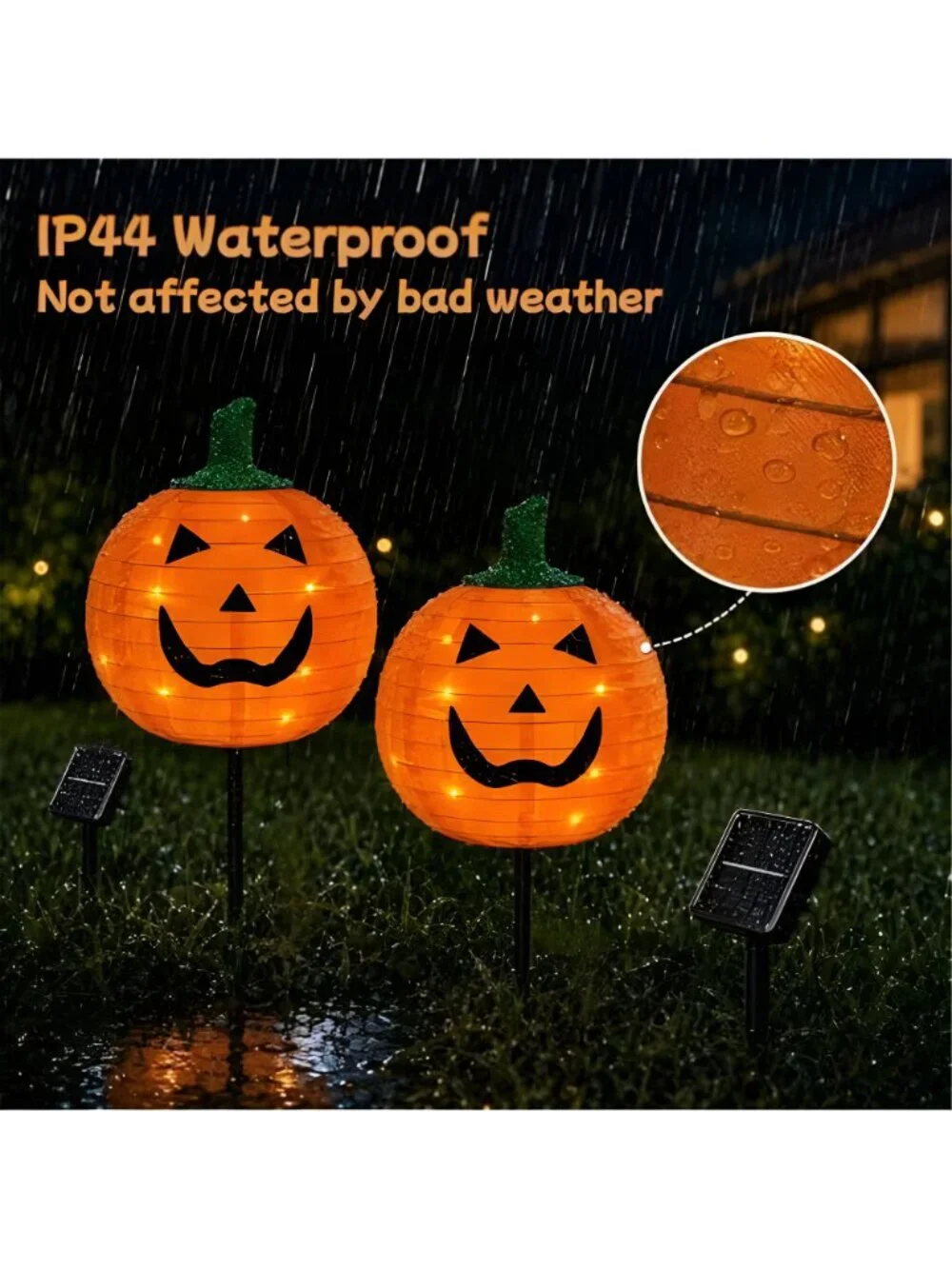 2Pack Solar Halloween Pumpkin Stake Light with 8 Lighting Modes, Fabric Lantern